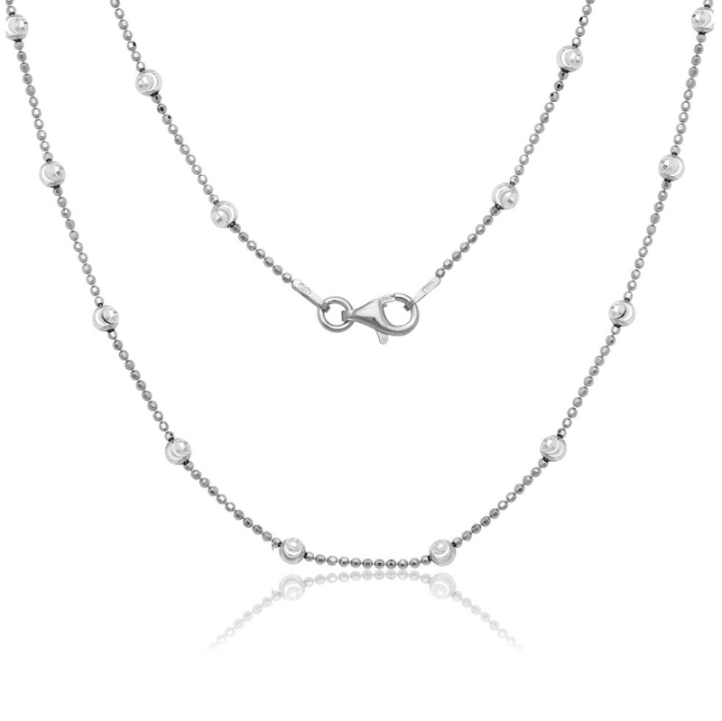 Sterling Silver 3.2mm D-C Moon Bead chain, w/Beads - Rhodium Plated -18"