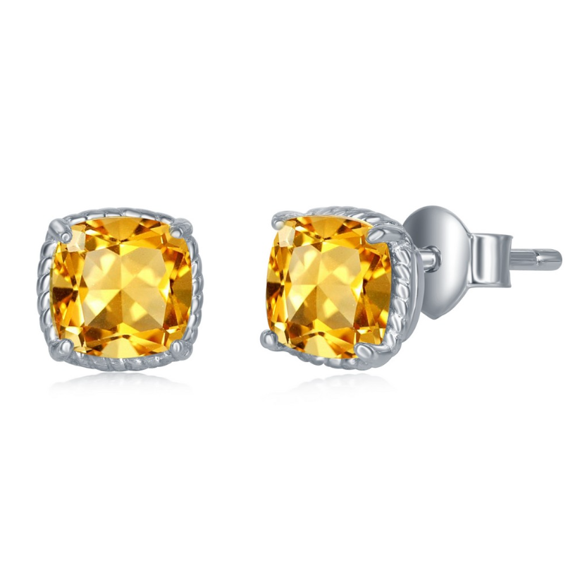 Sterling Silver 6MM Square GEM Cushion-Cut, Rope Detail Border, Stud Earrings