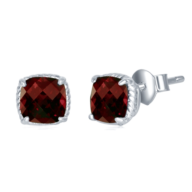 Sterling Silver 6MM Square GEM Cushion-Cut, Rope Detail Border, Stud Earrings