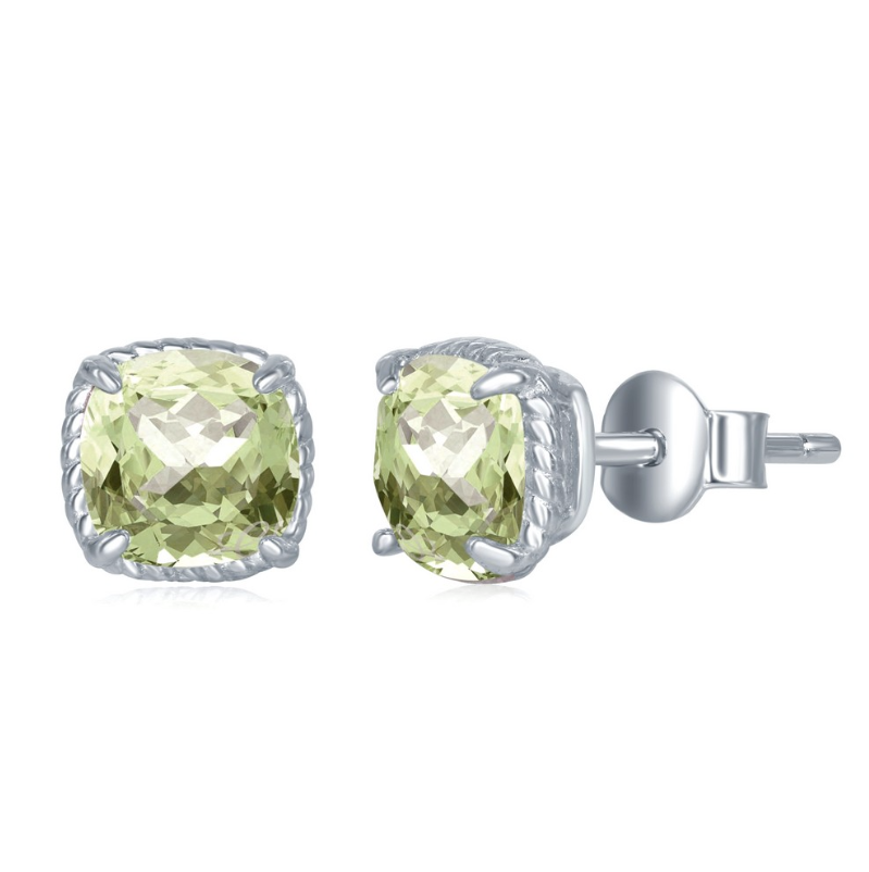Sterling Silver 6MM Square GEM Cushion-Cut, Rope Detail Border, Stud Earrings