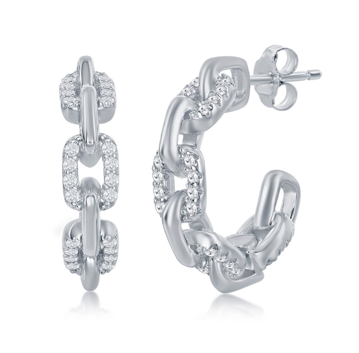 Sterling Silver 18mm CZ Paperclip Open Hoop Earrings