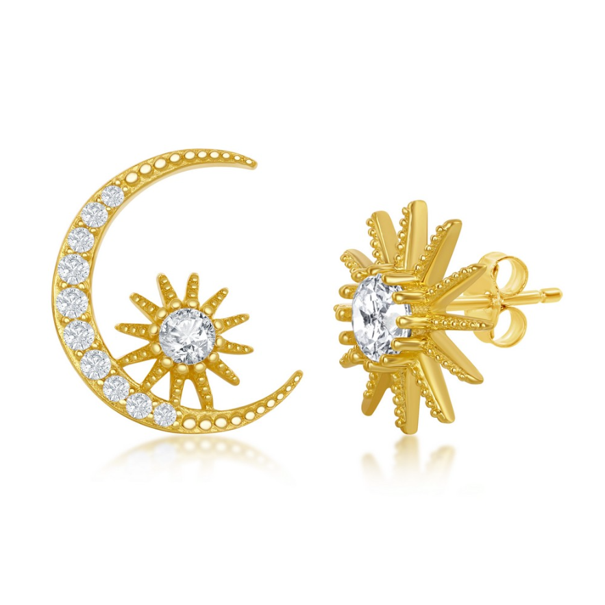Sterling Silver CZ Sun and Moon Stud Earrings - Gold Plated
