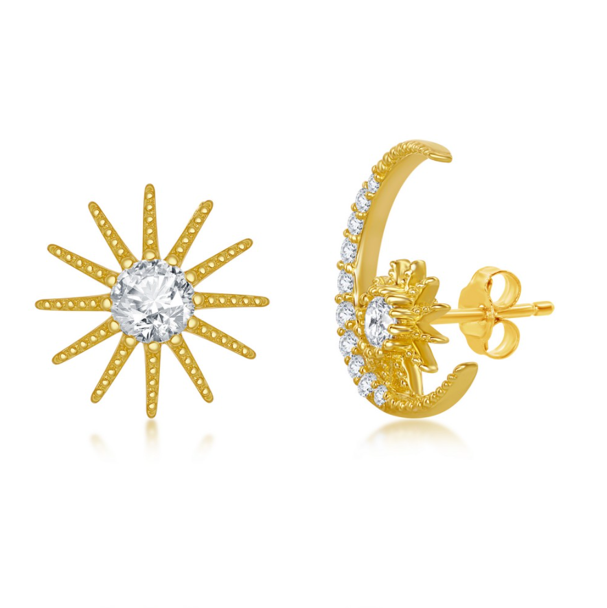 Sterling Silver CZ Sun and Moon Stud Earrings - Gold Plated