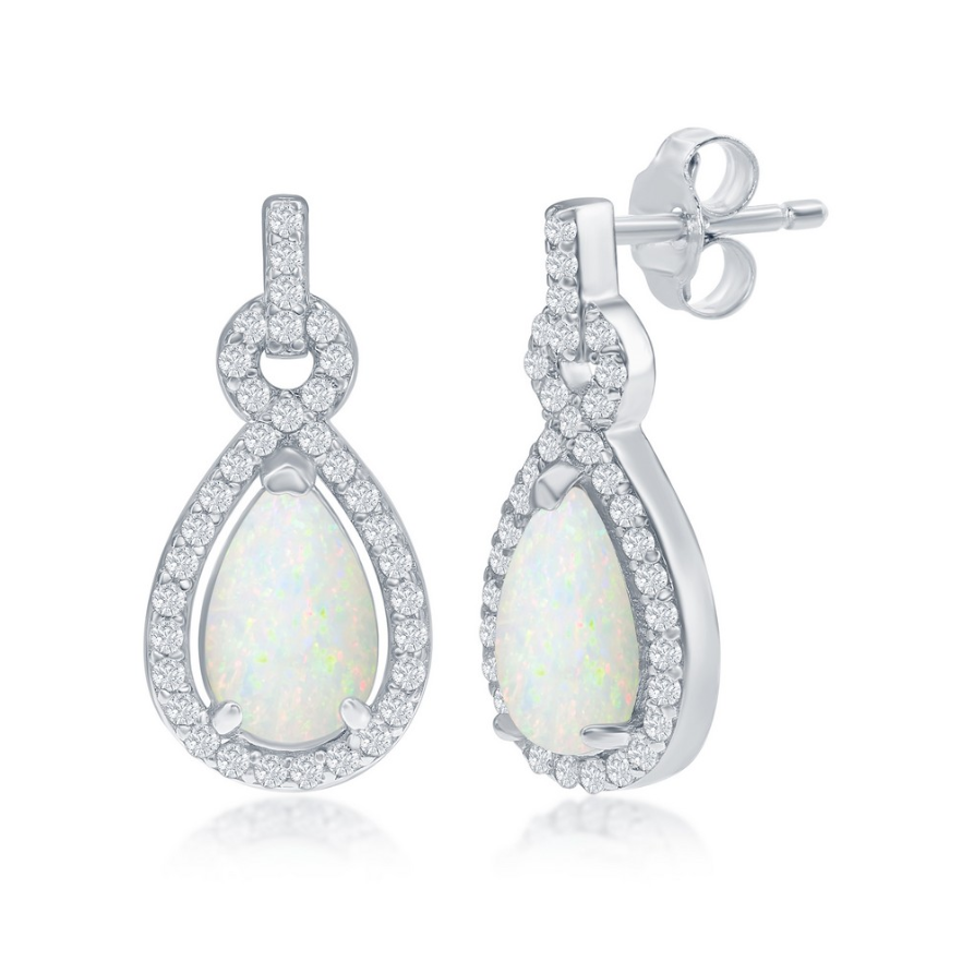 Sterling Silver White Opal Pearshaped with CZ Border Earrings