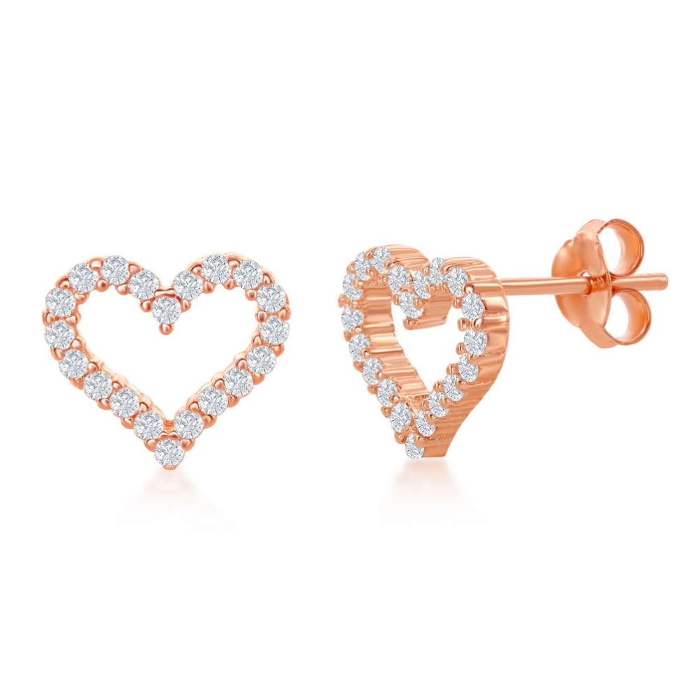 Sterling Silver Open Heart Cubic Zirconia Stud Earrings