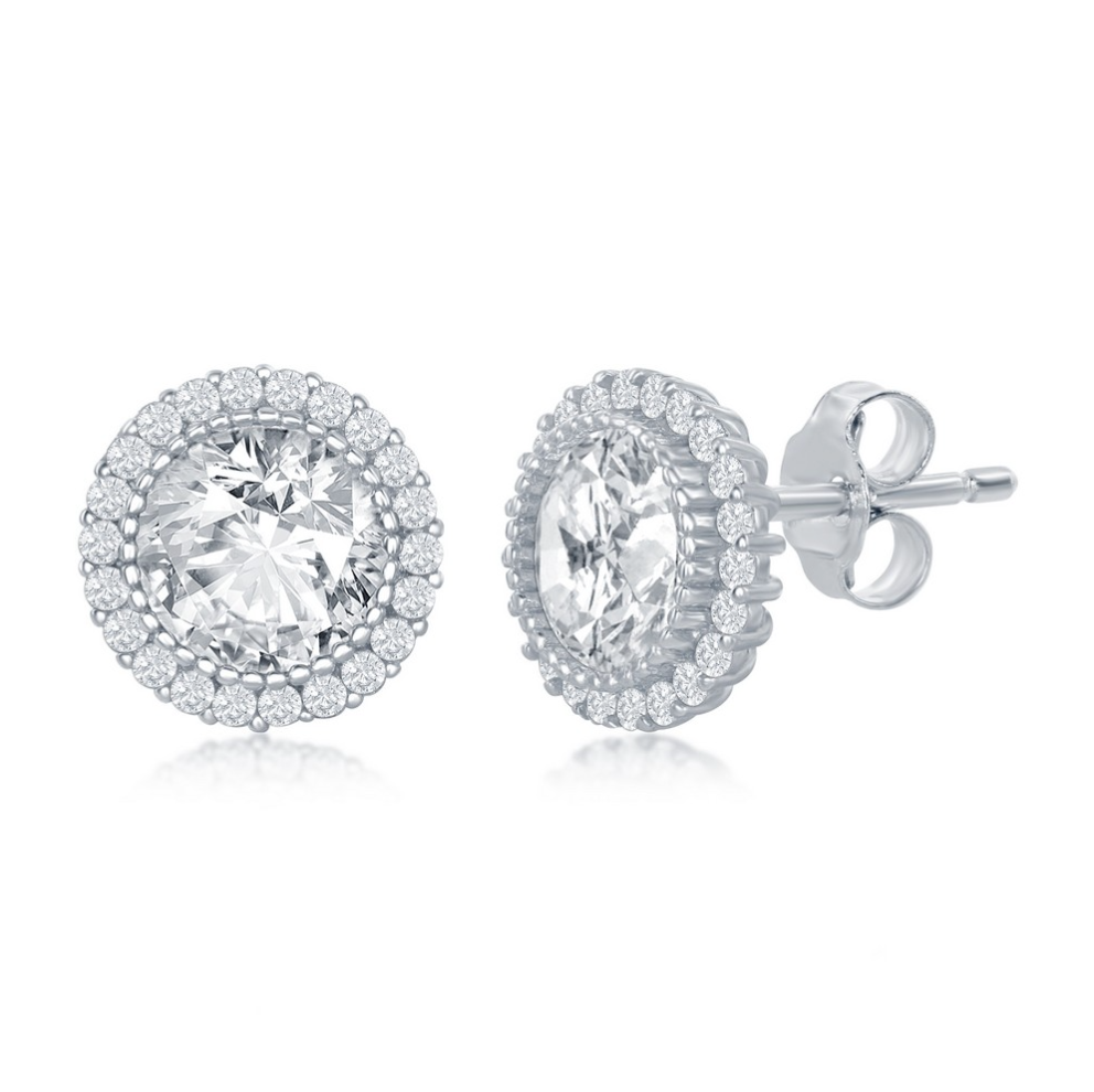 Sterling Silver 10mm Round CZ with Halo Stud Earrings
