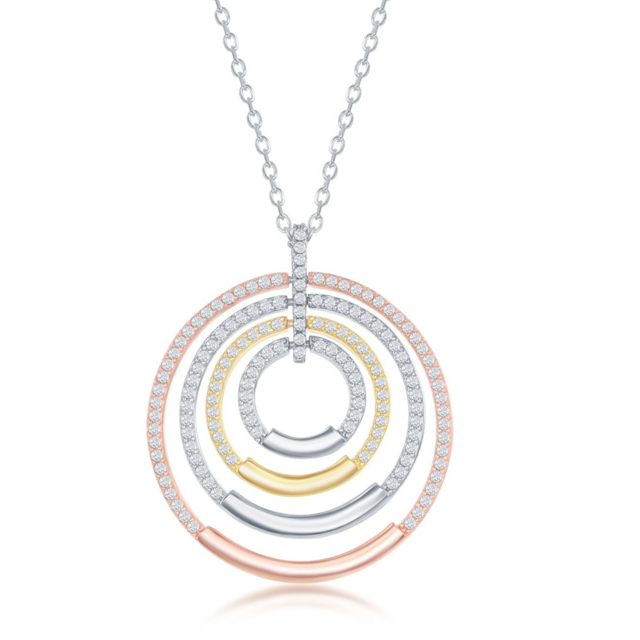 Sterling Silver Multi-Circle CZ Neckalce - Tri Color