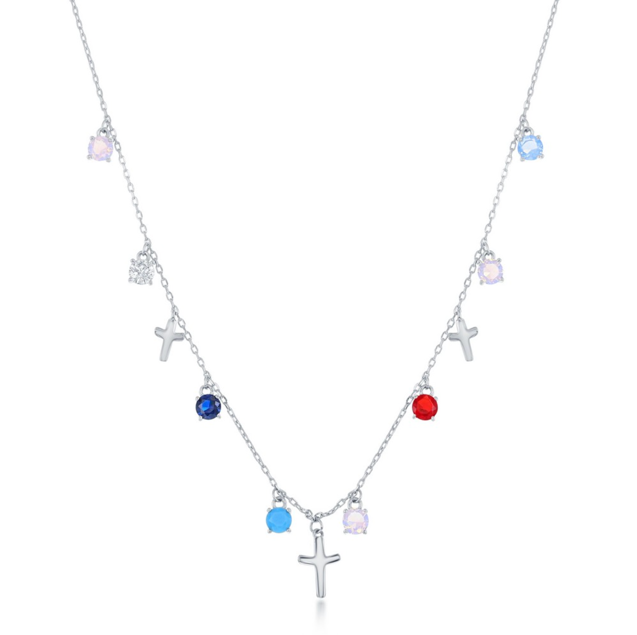 Sterling Silver Round Multi-Color CZ & Crosses Necklace