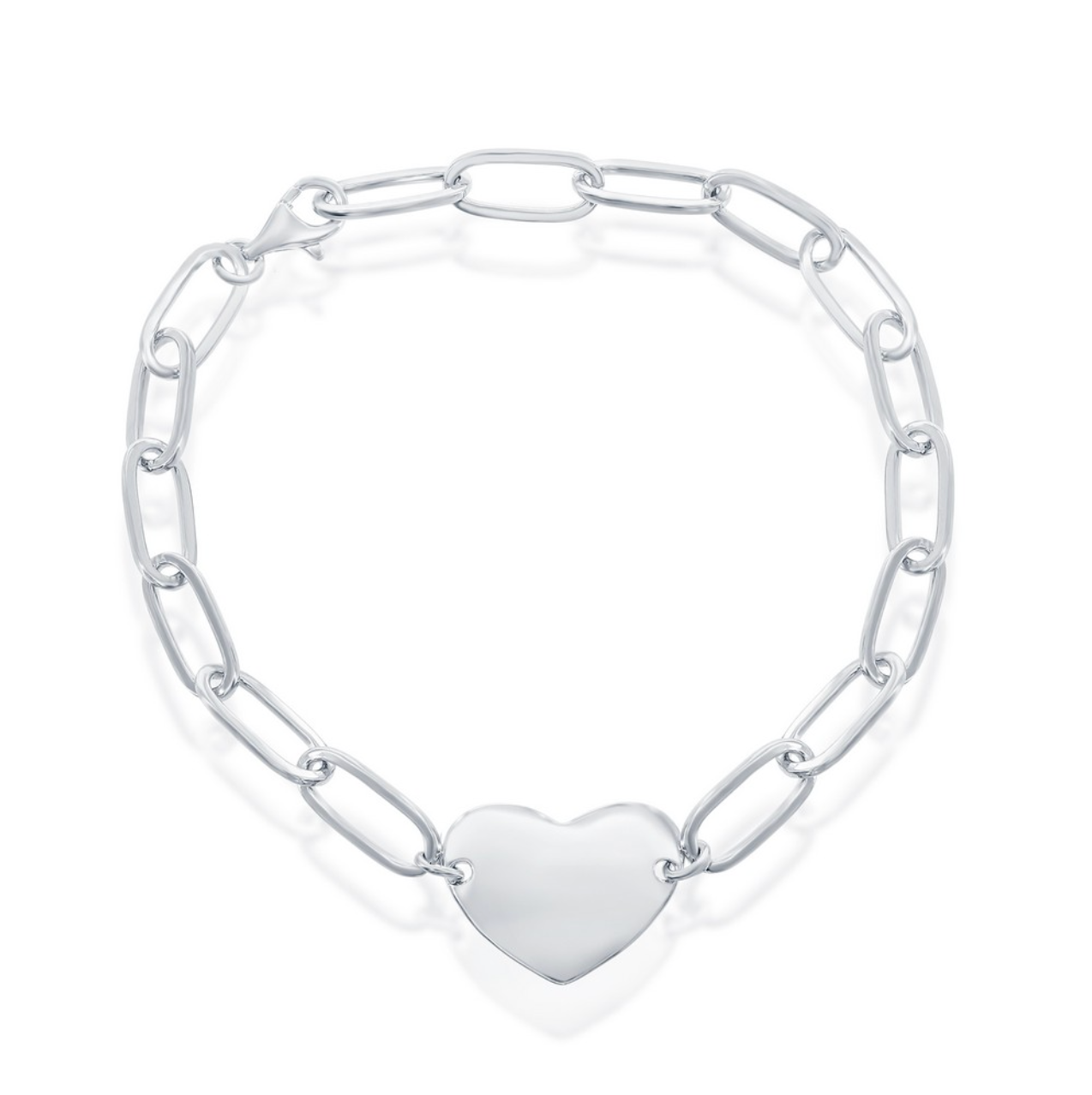 Sterling Silver Polished Heart Paperclip Bracelet - 7"