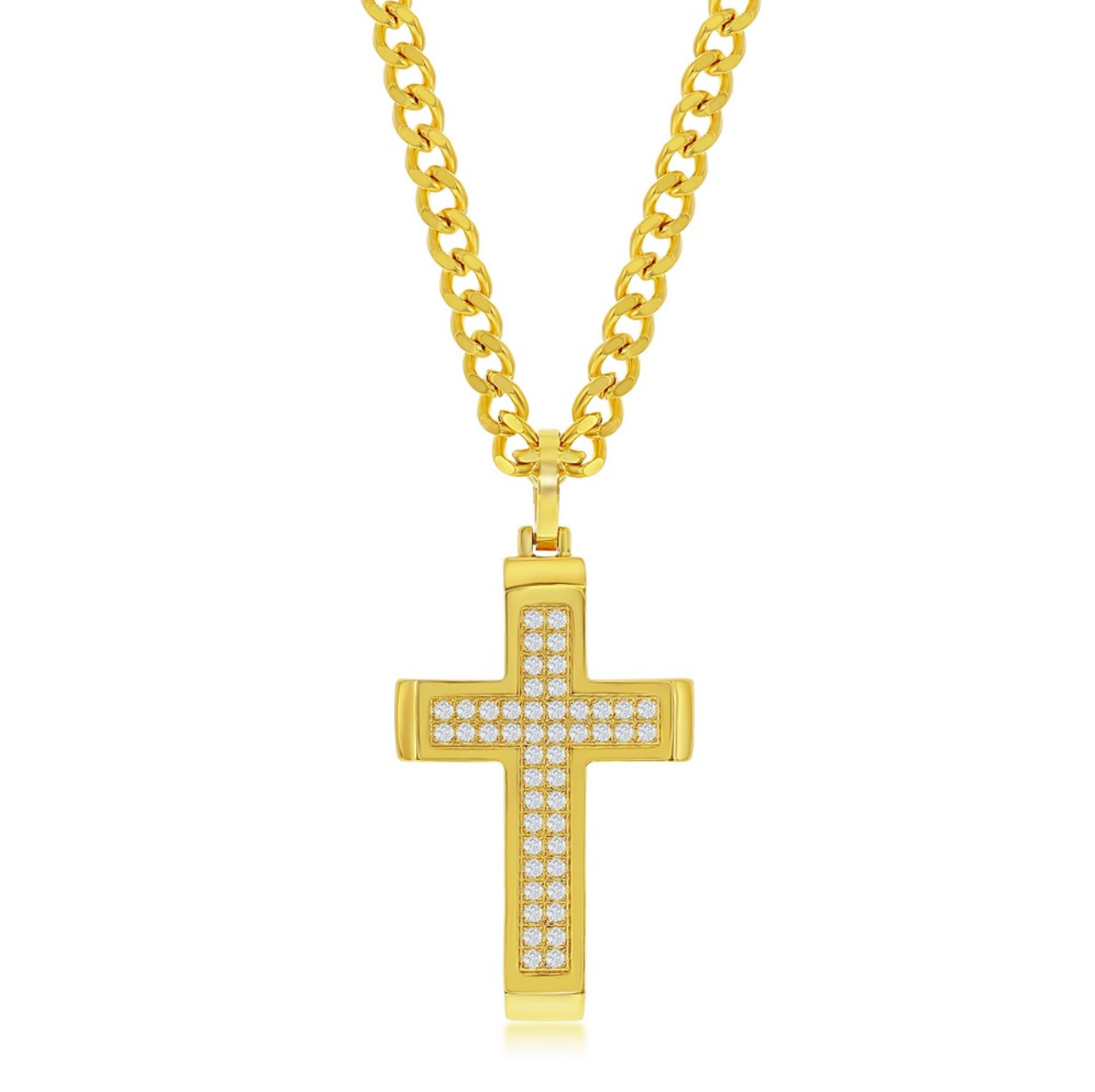 Stainless Steel Polsihed CZ Cross Necklace - Gold Plated 24"
