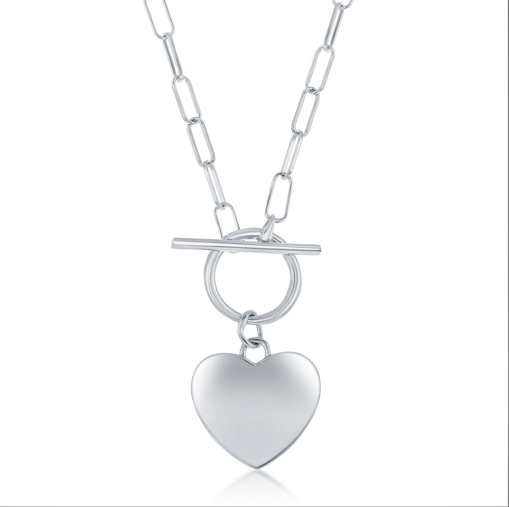 Sterling Silver Shiny Heart, Paperclip Chain & Toggle Necklace