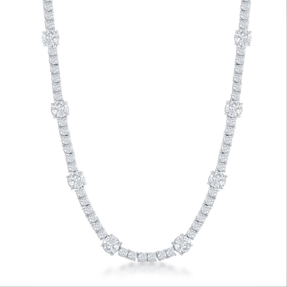 Sterling Silver Round 3mm and 6mm CZ Tennis Necklace