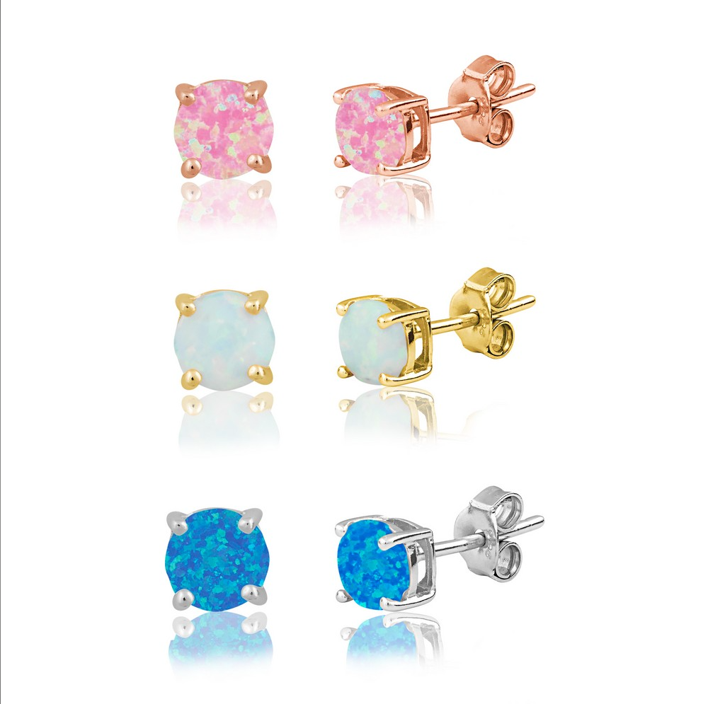 Set of 3 Sterling Silver 6mm Rose and Gold Plated Opal Stud Earrings