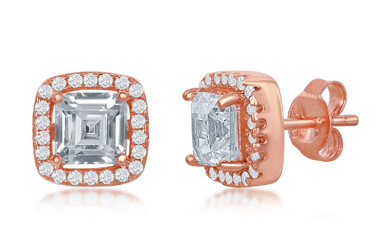 Sterling Silver Double Square CZ Stud Earrings - Rose Gold Plated