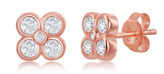Sterling Silver Small Flower CZ Stud Earrings - Rose Gold Plated