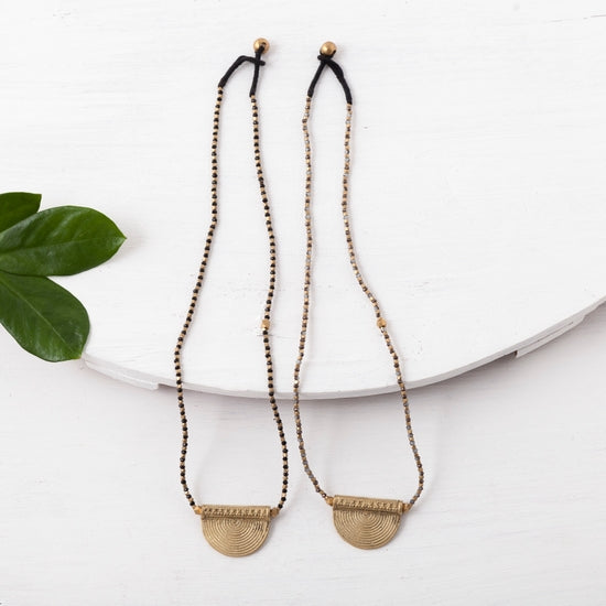 BBN054GY| Brass Half Moon Pendant Necklace w/ Gray Beads