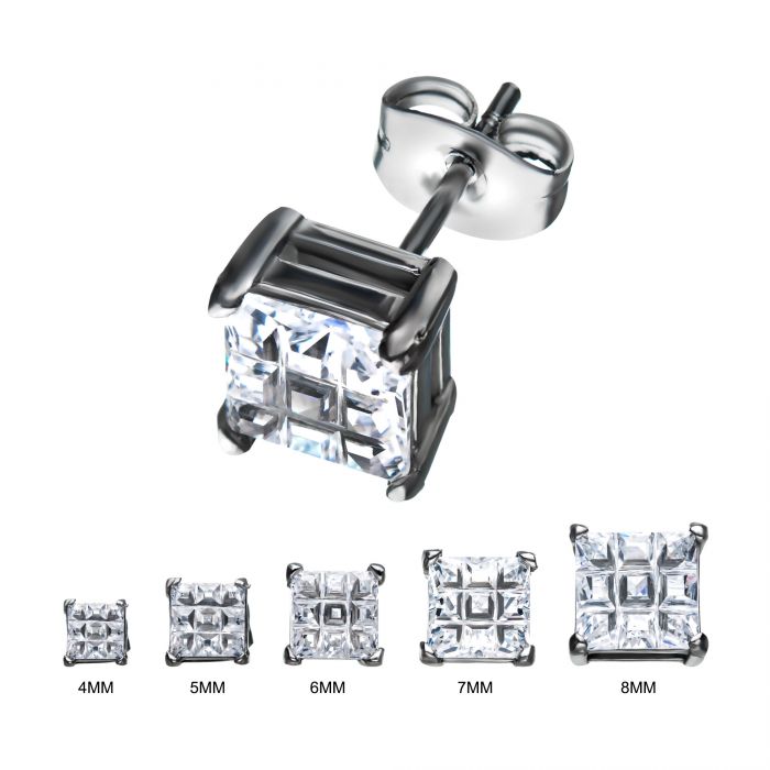 Stainless Steel Hashtag CZ Square Cut Studs