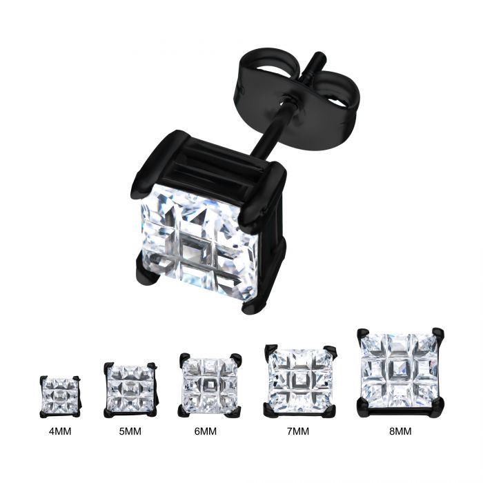 Black Steel Hashtag CZ Square Cut Studs