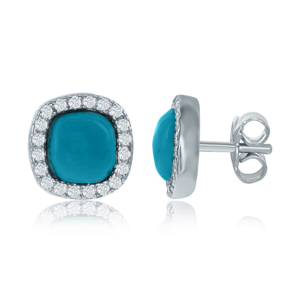 Classic of NY | Sterling Silver Small Square Turquoise with CZ Border Stud Earrings