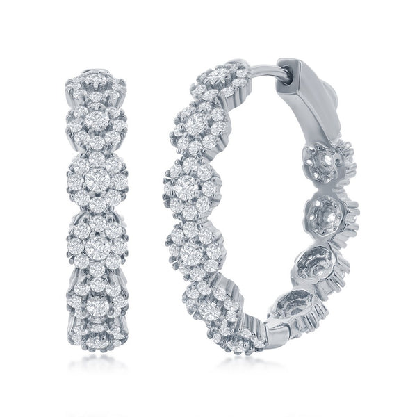 CLASSIC OF NY | Sterling Silver 25mm CZ Flower Design Hoop Earrings