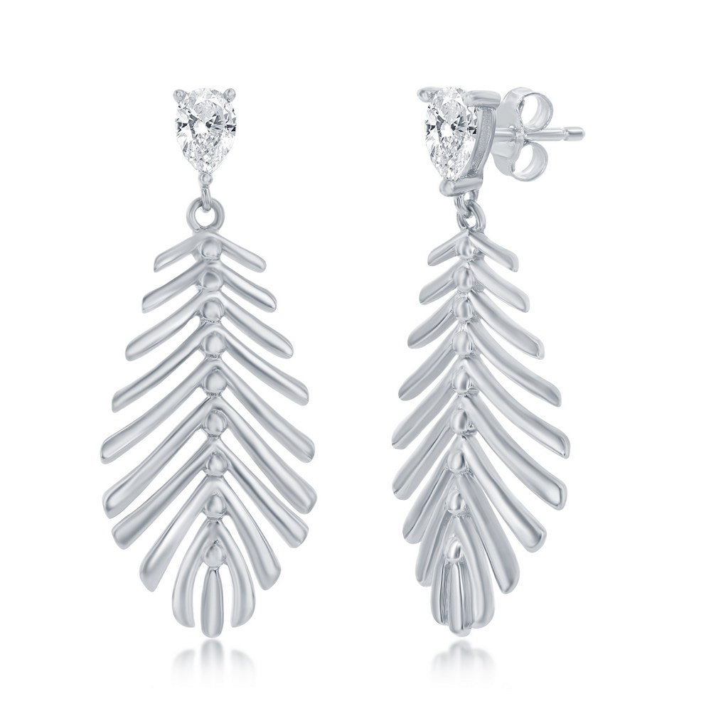 Classic of NY | Sterling Silver Cut-Out Leaf w/ Small Pear-Shaped CZ Dangle Earrings