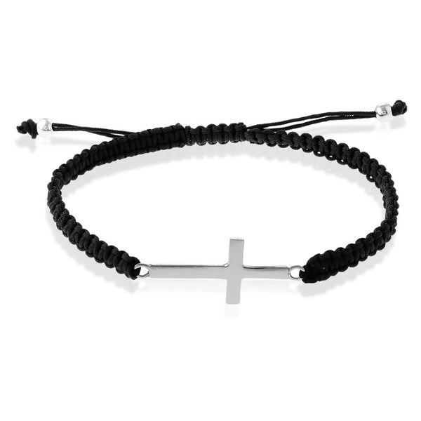 Classic Of NY | Sterling Silver Flat Cross on Black Macrame Bracelet