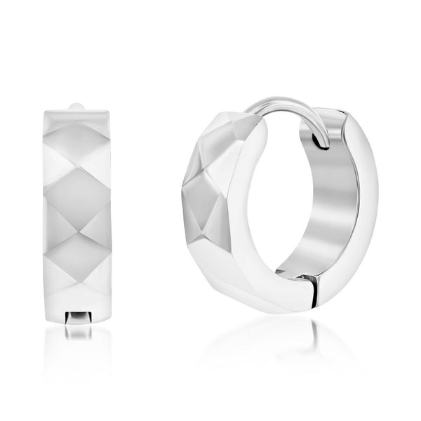 Classic of NY | Stainless Steel Diamond Design Huggie Hoop Earrings