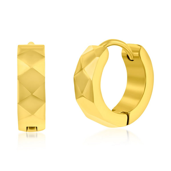 Classic of NY | Stainless Steel Diamond Design Huggie Hoop Earrings