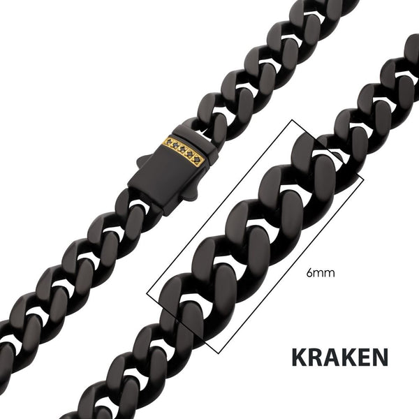 INOX | Black IP Steel Matte Finish Miami Cuban Chain Necklace with Genuine Black Sapphire Gem