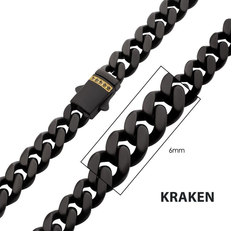 INOX | Black IP Steel Matte Finish Miami Cuban Chain Necklace with Genuine Black Sapphire Gem