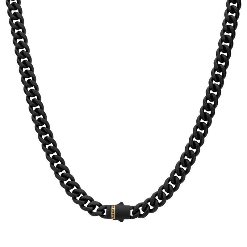INOX | Black IP Steel Matte Finish Miami Cuban Chain Necklace with Genuine Black Sapphire Gem