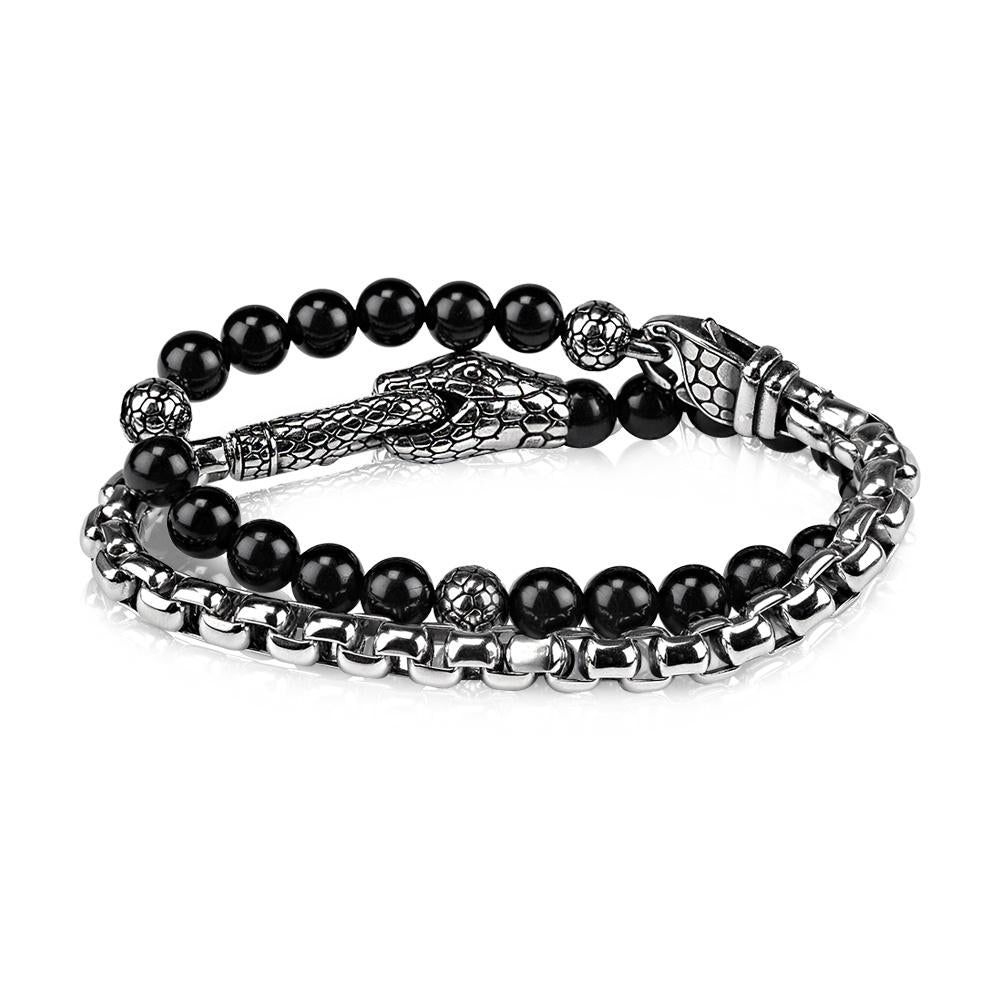 Black Onyx Steel Snake Wrap Bracelet - 8.5"