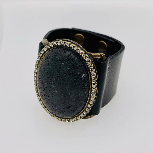 1069| Crystal Encrusted Large Cabochon Leather Bracelet