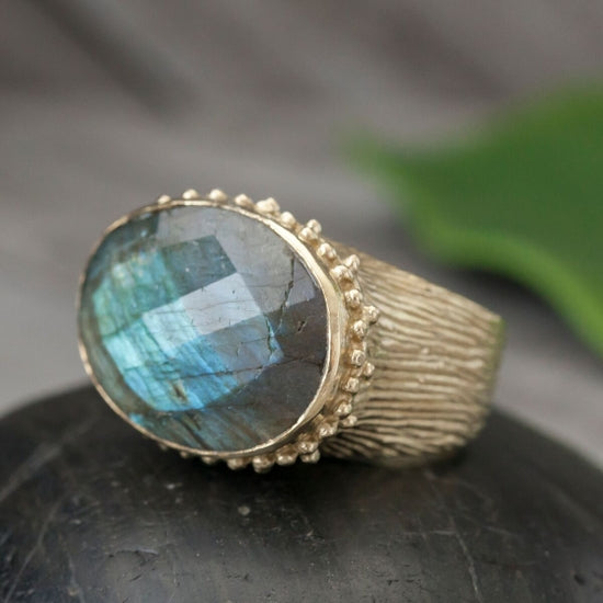 BR033| Brass Cocktail Ring ft. Faceted Labradorite (Size 9)