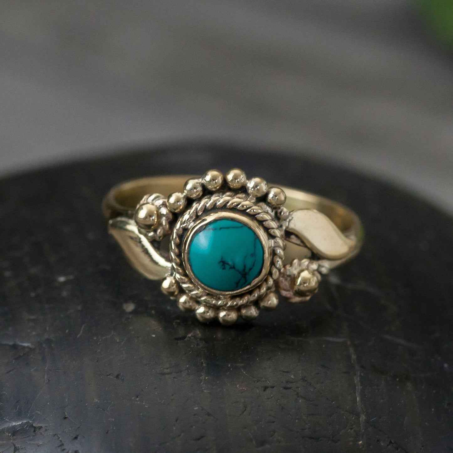 BR040M Brass Turquoise Flower Ring