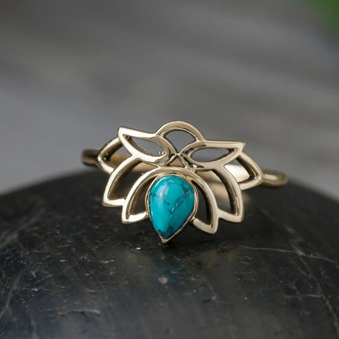 Brass Lotus Ring - Turquoise