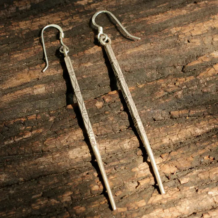 Hill Tribe Silver Etched Needle Earrings  | HTSE009