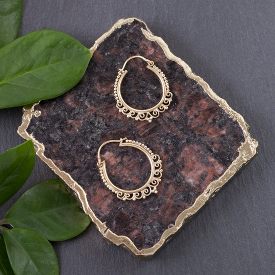 BE091| Small Brass Decorated Hoop Earrings