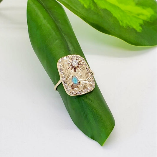 BR147| Crystallized Moon & Star Ring w/ Labradorite in Brass