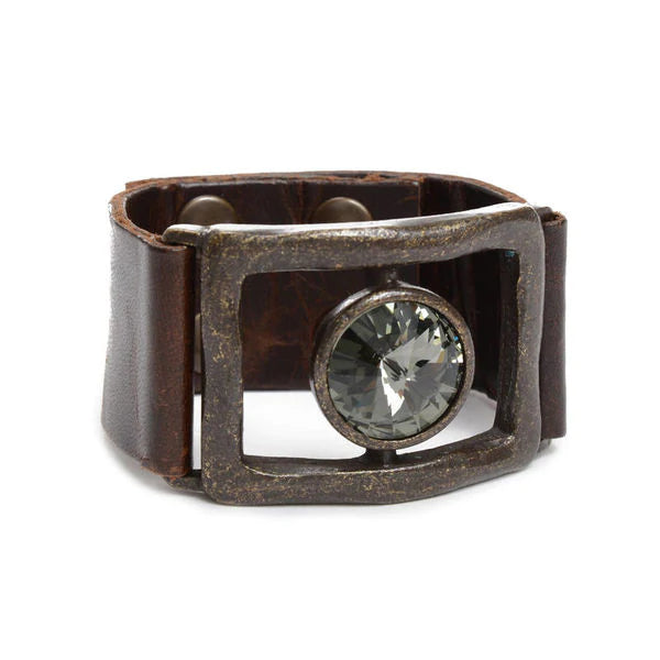 5208| Open Rectangle w Round Cabochon Leather Bracelet