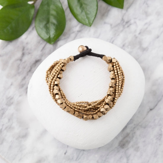 BBB002| Brass Beaded Bracelet w/ Faceted Asymmetrical Bead Center