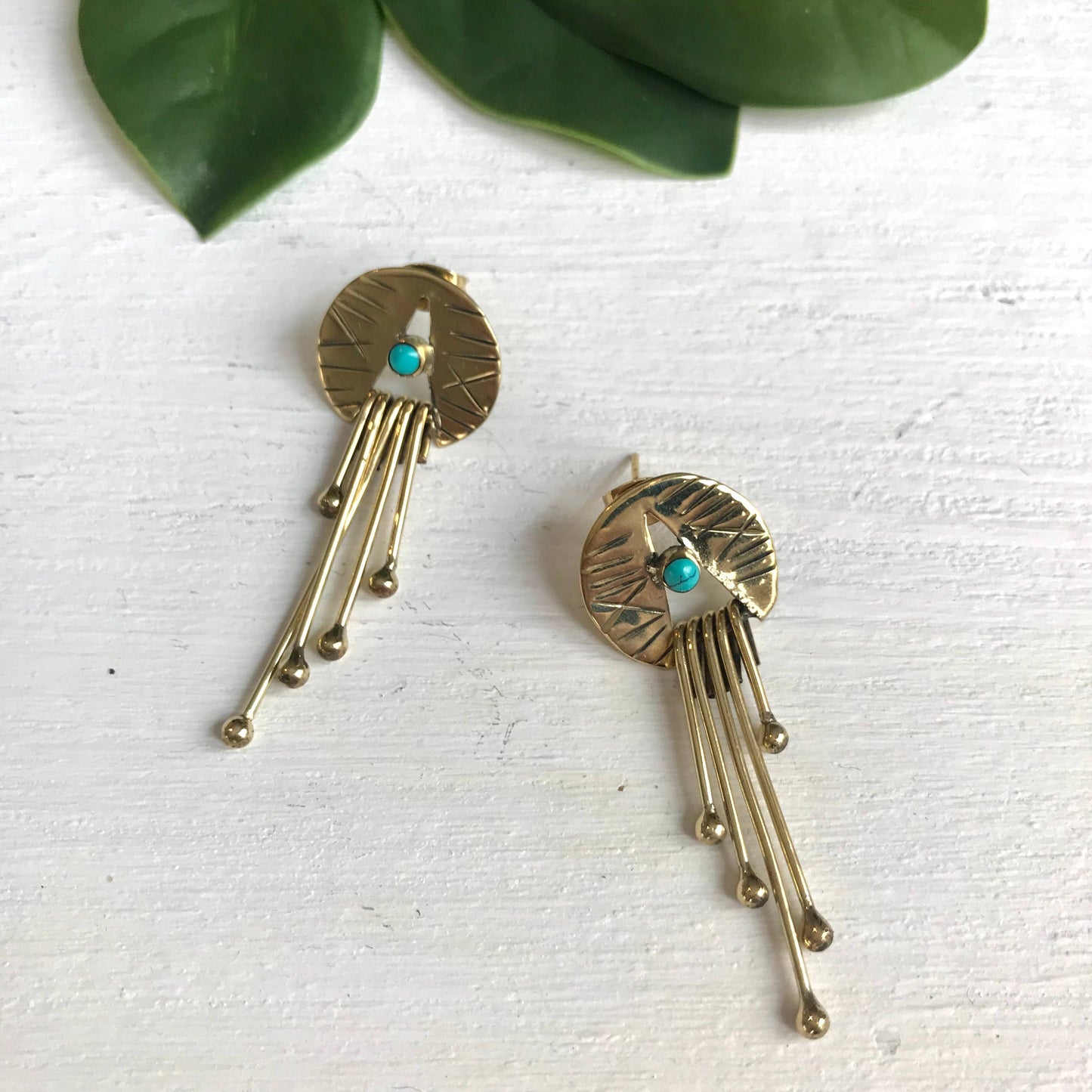 BE155 Etched Brass Earrings with Turquoise, Brass fringe