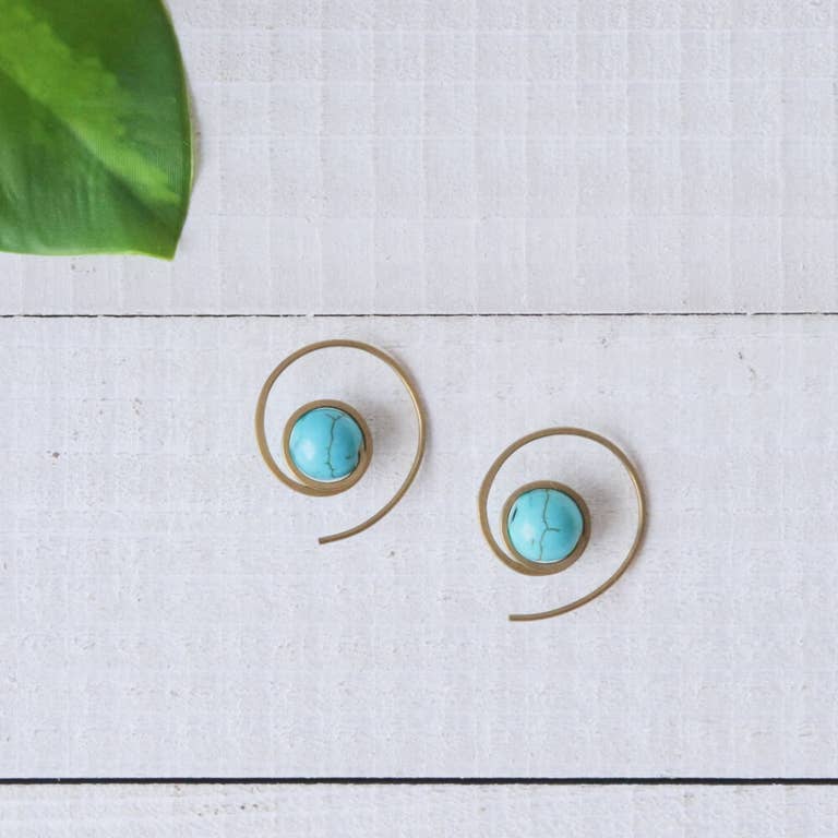 Brass Turquoise Spiral Earrings