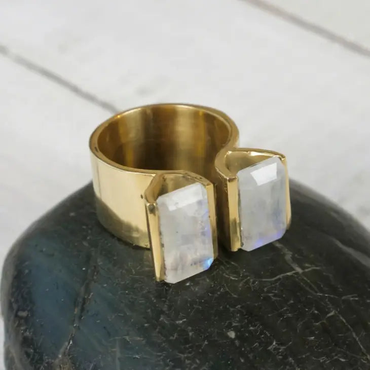 BR121 | Double Rectangle Cut Brass Ring with Moonstone