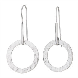 Sterling Silver Hammered Ring On Long Wire Earrings
