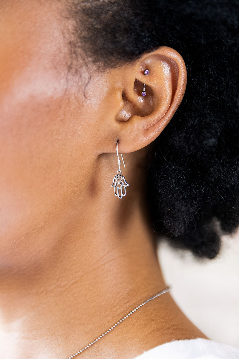 Sterling Silver Double Heart Hamsa Earrings
