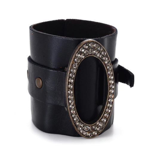 1073| Wide Leather Cuff with Oval Metal Center