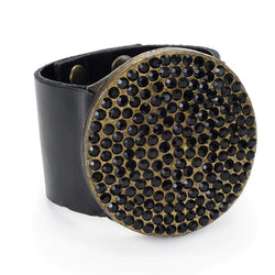 1022| Large Crystal Round Disc Leather Bracelet