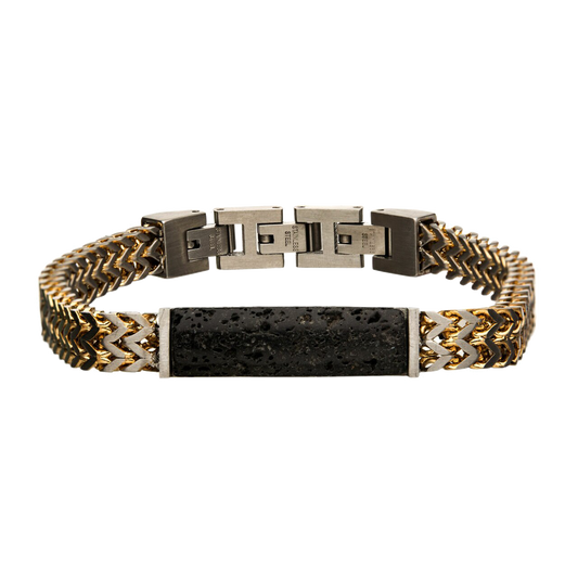 Stainless Steel Gold Plated Double Franco Chain w/ Lava Stone Bracelet