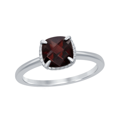 Sterling Silver Four-Prong Square Rope Design Ring - Garnet